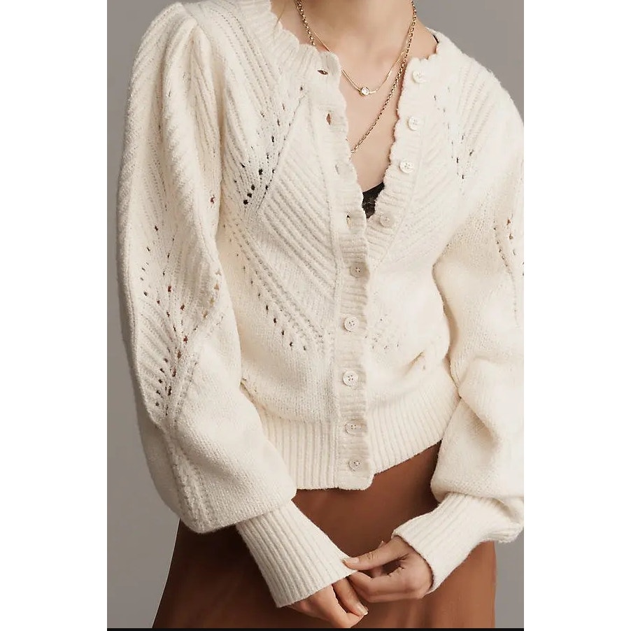 Anthropologie Pointelle Scalloped Cardigan Sweater M